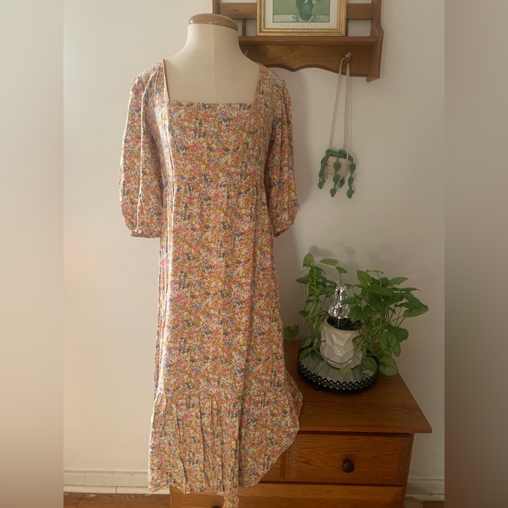 SO Floral Boho Square-Neck Midi Peasant Dress in Yellow & Pink w Back Smocking M